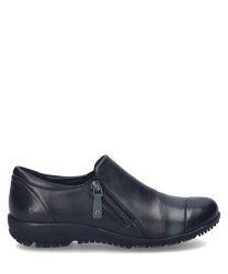 Eleganter Halbschuh aus schwarzem Leder mit seitlichem Reißverschluss. Die glatte Oberfläche und die dezente Naht verleihen dem Schuh einen modernen Look.