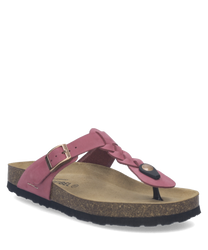 Rosa Sandale mit Schnallenverschluss aus Leder. Die Sohle ist braun und aus Kork gefertigt.