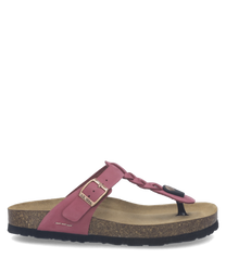Rosa Sandale mit Schnallenverschluss aus Leder. Die Sohle ist braun und aus Kork gefertigt.