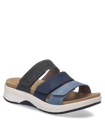 Bequeme Sandale mit Klettverschluss in Blau und Schwarz. Hergestellt aus hochwertigem Leder mit gepolsterter Sohle für optimalen Komfort.