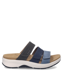 Bequeme Sandale mit Klettverschluss in Blau und Schwarz. Hergestellt aus hochwertigem Leder mit gepolsterter Sohle für optimalen Komfort.
