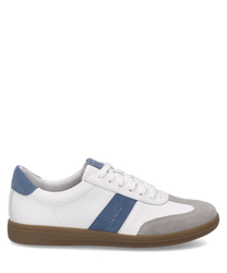 Blauer Sneaker aus Wildleder mit weißem Detail und brauner Sohle. Der Schuh hat eine Schnürung und wirkt sportlich und elegant.