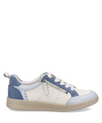 Moderner Sneaker aus Leder in Weiß mit blauen Einsätzen. Ausgestattet mit Schnürung und seitlichem Reißverschluss für einfache Handhabung.