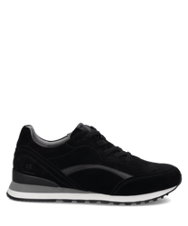 Schwarzer Sneaker aus Wildleder mit Schnürung. Dezente Markenprägung an der Ferse und graue Akzente an der Sohle.