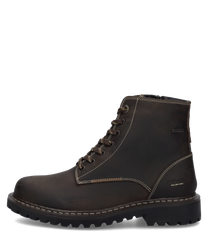 Braune Stiefelette aus Leder mit Reißverschluss. Robuste Gummisohle für besseren Halt und sichtbaren Nähten als Designelement.