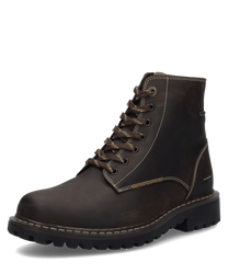 Braune Stiefelette aus Leder mit Reißverschluss. Robuste Gummisohle für besseren Halt und sichtbaren Nähten als Designelement.