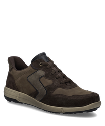 Brauner Sneaker mit Schnürung aus Wildleder und Stoff. Der Schuh hat eine beige Sohle und ein markantes Zickzack-Design an der Seite.