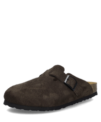 Brauner Clog aus Wildleder mit verstellbarer Schnalle. Bequeme Korksohle für optimalen Tragekomfort.