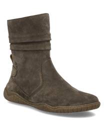 Braune Stiefelette aus Wildleder mit seitlichem Reißverschluss. Der Schuh hat eine geriffelte Sohle und ein schlichtes Design ohne Verzierungen.