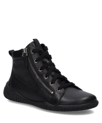 Schwarze Stiefelette aus Leder mit seitlichem Reißverschluss und Schnürung für einfachen Einstieg. Robuste Sohle sorgt für Komfort und Langlebigkeit.