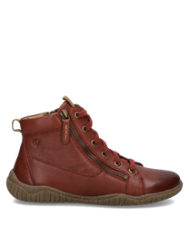 Braune Lederstiefelette mit Reißverschluss und Schnürung. Der Schuh hat eine gummierte Sohle und ein schlichtes Design.