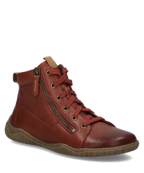 Braune Lederstiefelette mit Reißverschluss und Schnürung. Der Schuh hat eine gummierte Sohle und ein schlichtes Design.