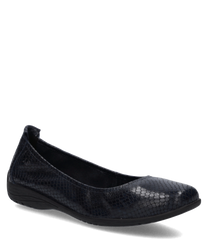 Elegante schwarze Ballerina aus Lederimitat mit Schlangenprint. Bequemer Gummizugverschluss sorgt für optimalen Halt.