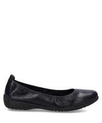 Elegante schwarze Ballerina aus Lederimitat mit Schlangenprint. Bequemer Gummizugverschluss sorgt für optimalen Halt.