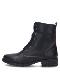 Schwarze Lederstiefelette mit Reißverschluss und Schnürung. Dunkelbraune Details und flacher Absatz verleihen einen klassischen Look.
