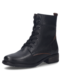 Schwarze Lederstiefelette mit Reißverschluss und Schnürung. Dunkelbraune Details und flacher Absatz verleihen einen klassischen Look.