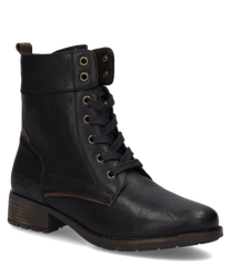 Schwarze Lederstiefelette mit Reißverschluss und Schnürung. Robuste Sohle und braune Akzentdetails verleihen Eleganz und Funktionalität.