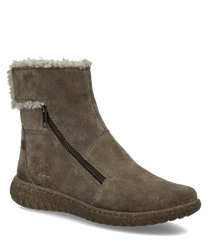 Braune Stiefelette aus Wildleder mit seitlichem Reißverschluss und flauschigem Innenfutter. Die Sohle ist robust genoppt für besseren Halt.