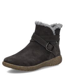 Braune Stiefelette mit Reißverschluss aus Wildlederimitat mit grauem Kunstfellfutter und Zierschnalle. Robuste Sohle für Komfort und Stabilität.