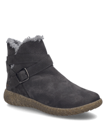 Braune Stiefelette mit Reißverschluss aus Wildlederimitat mit grauem Kunstfellfutter und Zierschnalle. Robuste Sohle für Komfort und Stabilität.