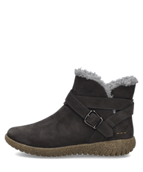 Braune Stiefelette mit Reißverschluss aus Wildlederimitat mit grauem Kunstfellfutter und Zierschnalle. Robuste Sohle für Komfort und Stabilität.