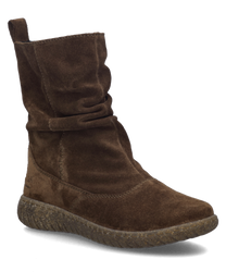 Braune Stiefelette aus Wildleder mit seitlichem Reißverschluss. Der Schuh hat eine geriffelte Sohle und ein schlichtes Design.