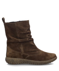 Braune Stiefelette aus Wildleder mit seitlichem Reißverschluss. Der Schuh hat eine geriffelte Sohle und ein schlichtes Design.