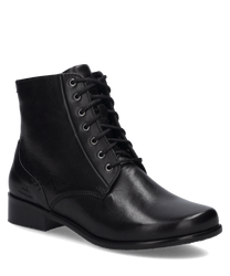 Schwarze Lederstiefelette mit Reißverschluss und Schnürung. Elegantes Design mit glattem Finish und stabiler Sohle für optimalen Komfort.