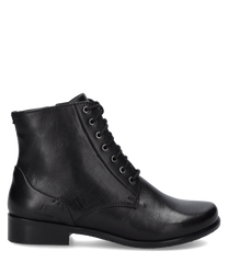 Schwarze Lederstiefelette mit Reißverschluss und Schnürung. Elegantes Design mit glattem Finish und stabiler Sohle für optimalen Komfort.