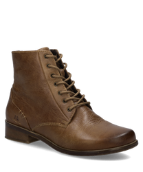 Braune Lederstiefelette mit Reißverschluss und Schnürung. Der Schuh hat einen niedrigen Absatz und sichtbare Nahtdetails.