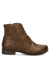 Braune Lederstiefelette mit Reißverschluss und Schnürung. Der Schuh hat einen niedrigen Absatz und sichtbare Nahtdetails.