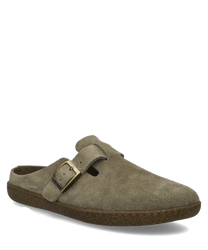 Beiger Clog aus Wildleder mit Schnalle als Verschluss. Die Sohle ist aus Kork gefertigt für komfortables Tragen.