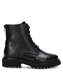 Schwarze Lederstiefelette mit Reißverschluss und Schnürung. Robuste Sohle für besseren Halt ideal für kühle Tage.