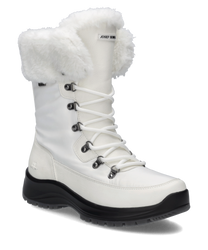 Weiße Stiefelette mit Kunstfellbesatz und Reißverschluss. Der Schuh hat eine robuste Sohle und Metallhaken für die Schnürung.