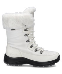 Weiße Stiefelette mit Kunstfellbesatz und Reißverschluss. Der Schuh hat eine robuste Sohle und Metallhaken für die Schnürung.