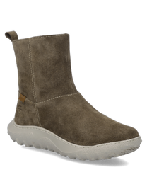 Braune Stiefelette aus Wildleder mit seitlichem Reißverschluss. Der Schuh hat eine beige Sohle und ein schlichtes Design.