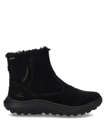 Schwarze Stiefelette aus Wildleder mit Reißverschluss. Robuste Sohle für besseren Halt und weiches Innenfutter für Komfort.