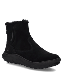 Schwarze Stiefelette aus Wildleder mit Reißverschluss. Robuste Sohle für besseren Halt und weiches Innenfutter für Komfort.