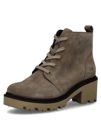 Beiger Wildlederstiefel mit Schnürung und Blockabsatz. Robuste Profilsohle für besseren Halt.