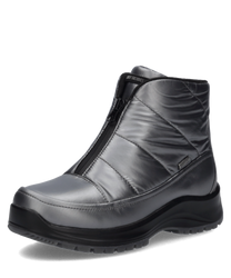 Graue Stiefelette aus glattem Leder mit Reißverschluss. Der Schuh hat eine robuste Sohle und ein schlichtes Design.