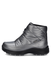 Graue Stiefelette aus glattem Leder mit Reißverschluss. Der Schuh hat eine robuste Sohle und ein schlichtes Design.