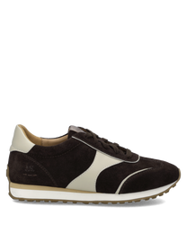 Brauner Sneaker aus Wildleder mit cremefarbenen Akzenten. Der Schuh hat eine Schnürung und eine beige Sohle für optimalen Halt.