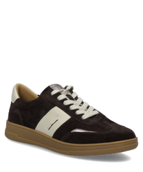 Brauner Sneaker aus Wildleder mit weißer Schnürung und cremefarbenen Akzenten. Robuste Gummisohle sorgt für Komfort und Langlebigkeit.