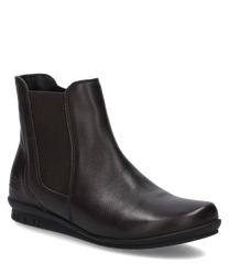 Braune Stiefelette aus Leder mit seitlichem Reißverschluss. Elastikeinsatz für bequemen Sitz und flache Sohle für Komfort.