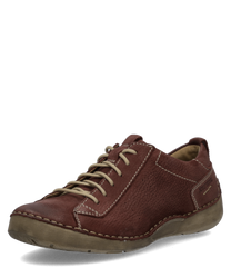 Brauner Halbschuh aus Leder mit Schnürung. Der Schuh hat beige Nähte und eine robuste Sohle.