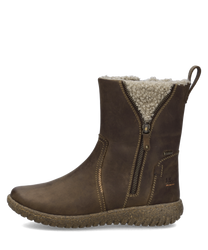 Braune Stiefelette aus Leder mit Reißverschluss und flauschigem Innenfutter. Die Sohle ist robust und leicht profiliert für besseren Halt.