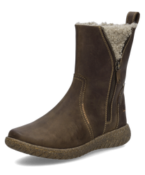Braune Stiefelette aus Leder mit Reißverschluss und flauschigem Innenfutter. Die Sohle ist robust und leicht profiliert für besseren Halt.
