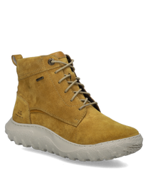 Gelbe Stiefelette aus Wildleder mit Reißverschluss. Robuste weiße Sohle mit Profil für besten Halt.