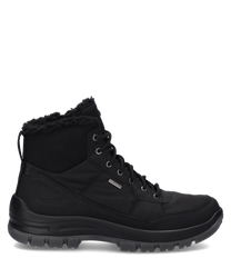 Schwarzer Stiefel aus Leder mit Reißverschluss und Schnürung. Der Schuh hat eine dicke Sohle und ein warmes Innenfutter für kalte Tage.