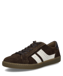 Brauner Sneaker aus Wildleder mit Schnürung und weißem Seitenstreifen. Gummisohle in Beige mit dezenten Nähten für einen klassischen Look.